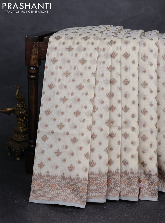 Banarasi cotton saree cream and brown with thread woven butta weaves and woven border