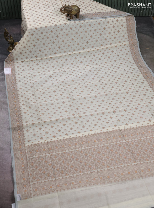 Banarasi cotton saree cream and brown with thread woven butta weaves and woven border