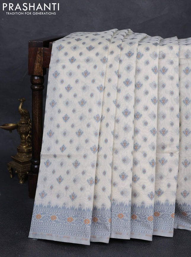 Banarasi cotton saree off white and grey with thread woven butta weaves and woven border