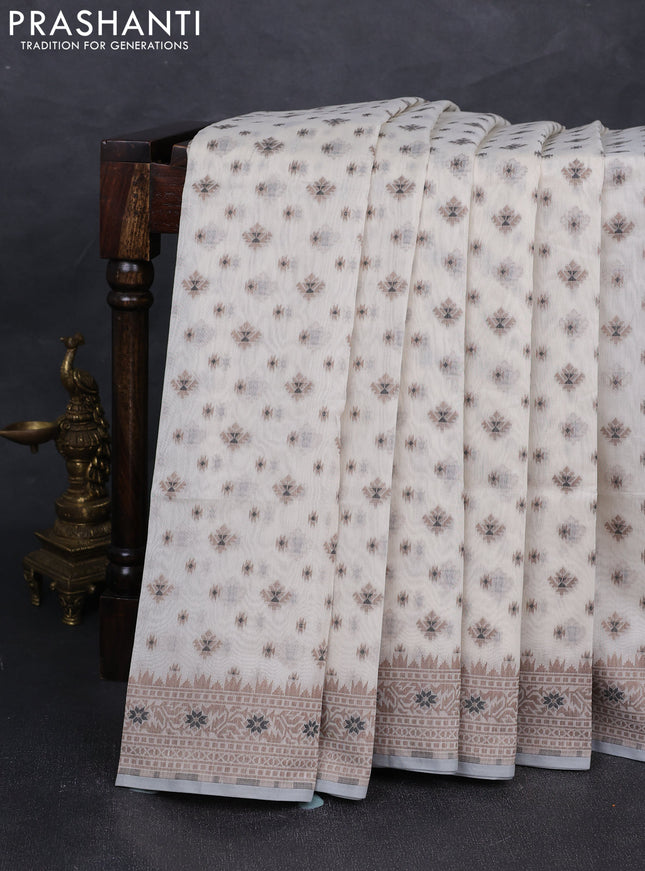 Banarasi cotton saree off white and brown with thread woven butta weaves and woven border