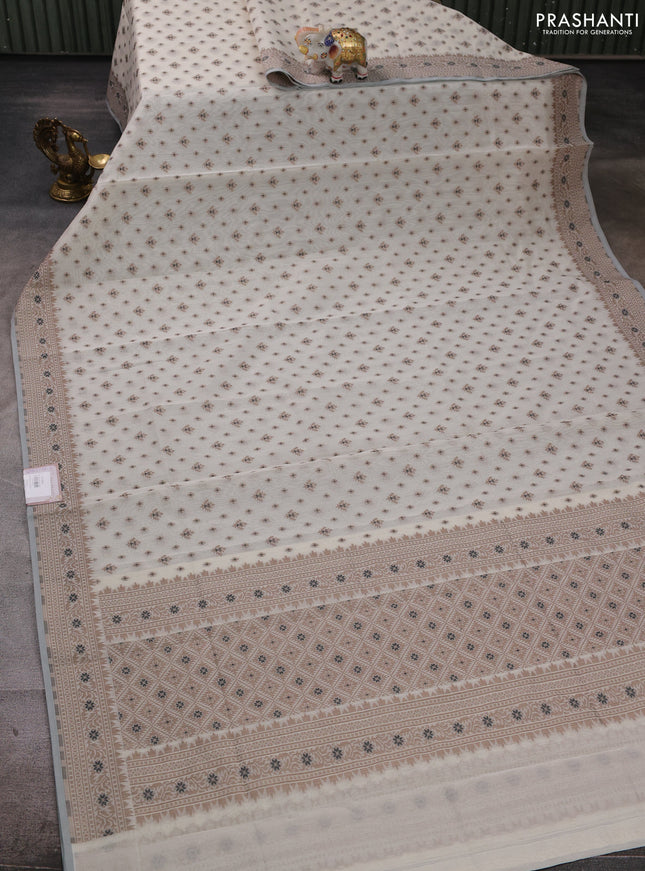 Banarasi cotton saree off white and brown with thread woven butta weaves and woven border