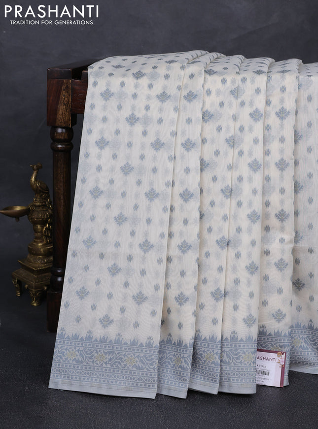 Banarasi cotton saree off white and grey with thread woven butta weaves and woven border