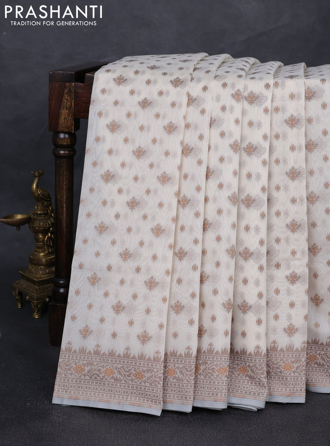 Banarasi cotton saree off white and brown with thread woven butta weaves and woven border