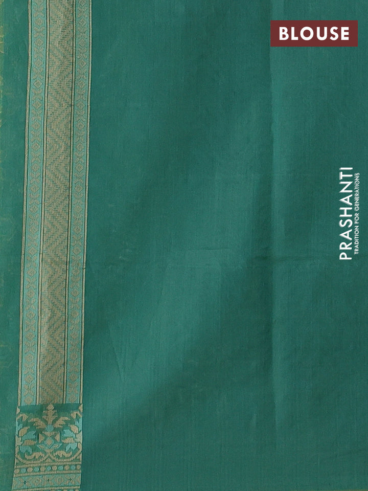Banarasi cotton saree teal green with allover thread weaves and woven border