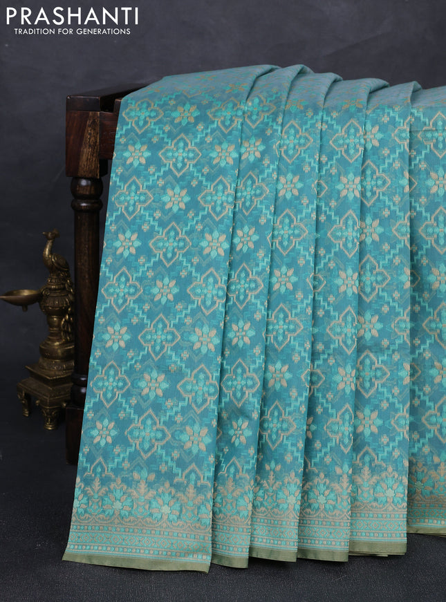 Banarasi cotton saree teal green shade with allover thread weaves and woven border