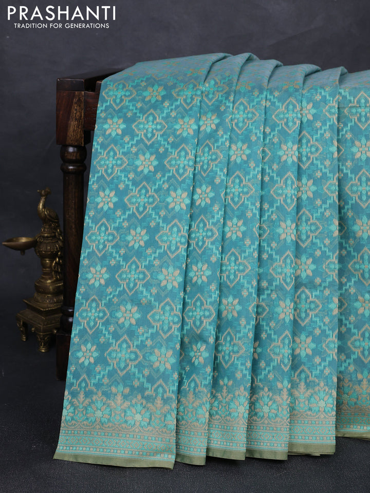 Banarasi cotton saree teal green shade with allover thread weaves and woven border