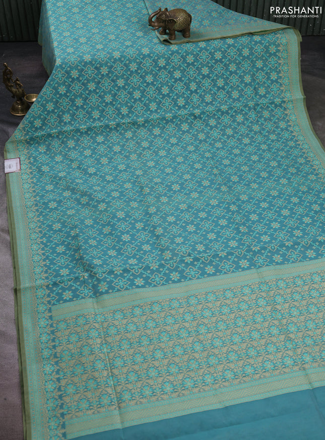 Banarasi cotton saree teal green shade with allover thread weaves and woven border