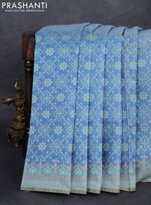 Banarasi cotton saree blue with allover thread weaves and woven border