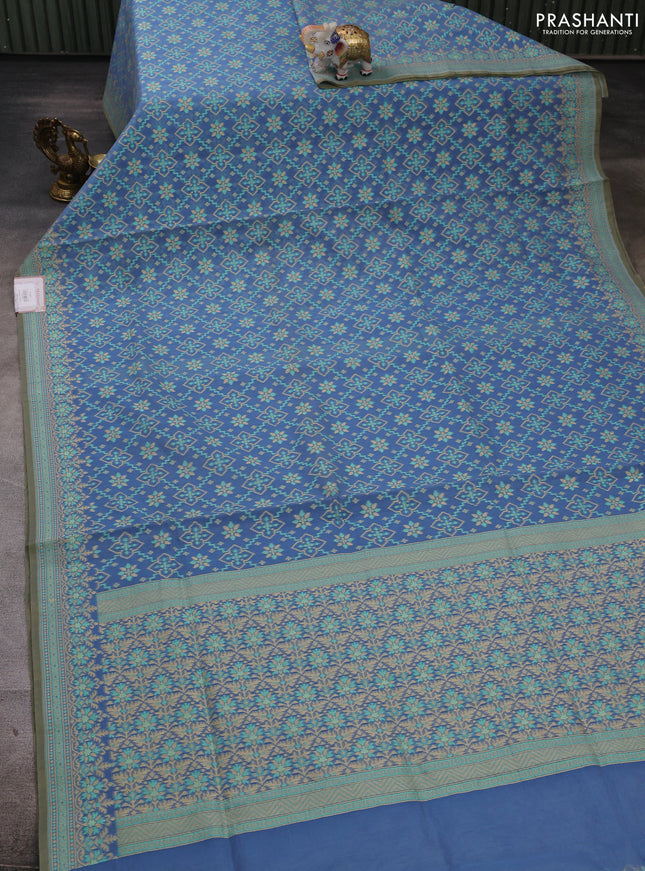 Banarasi cotton saree blue with allover thread weaves and woven border