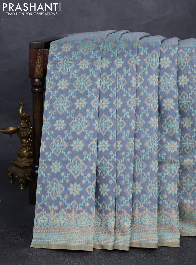 Banarasi cotton saree grey with allover thread weaves and woven border