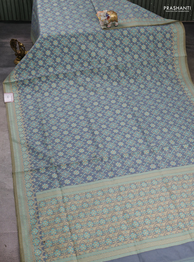 Banarasi cotton saree grey with allover thread weaves and woven border