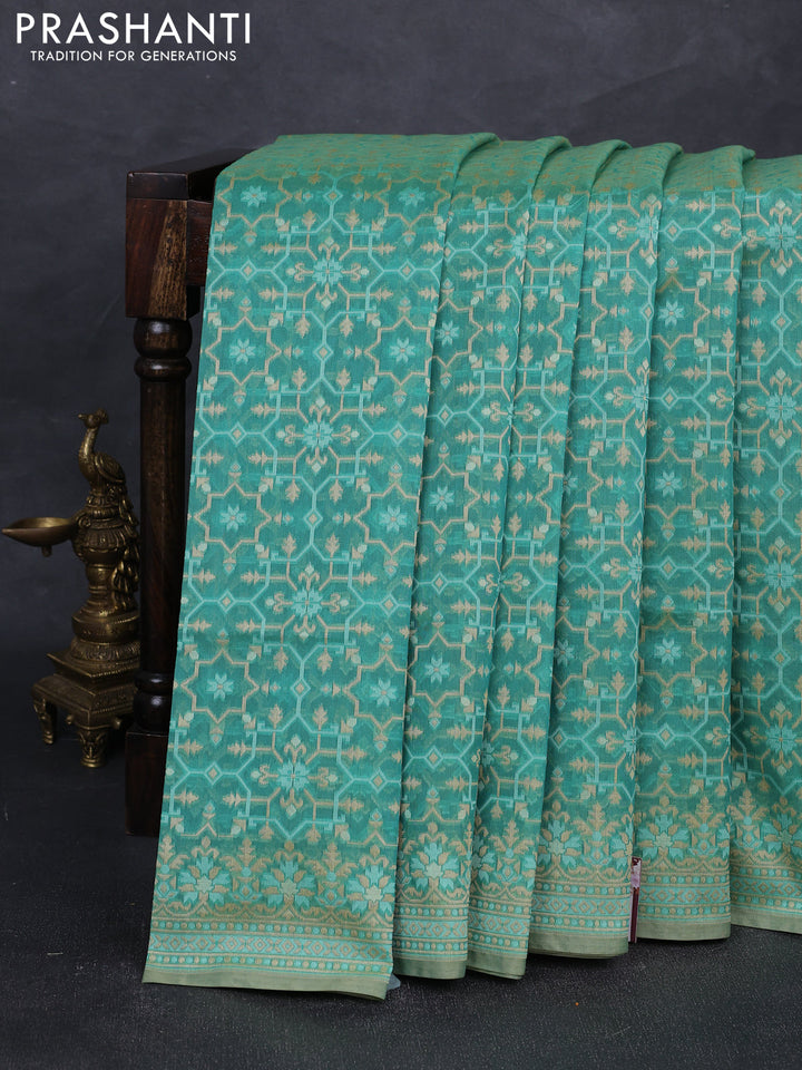Banarasi cotton saree teal green with allover thread weaves and woven border