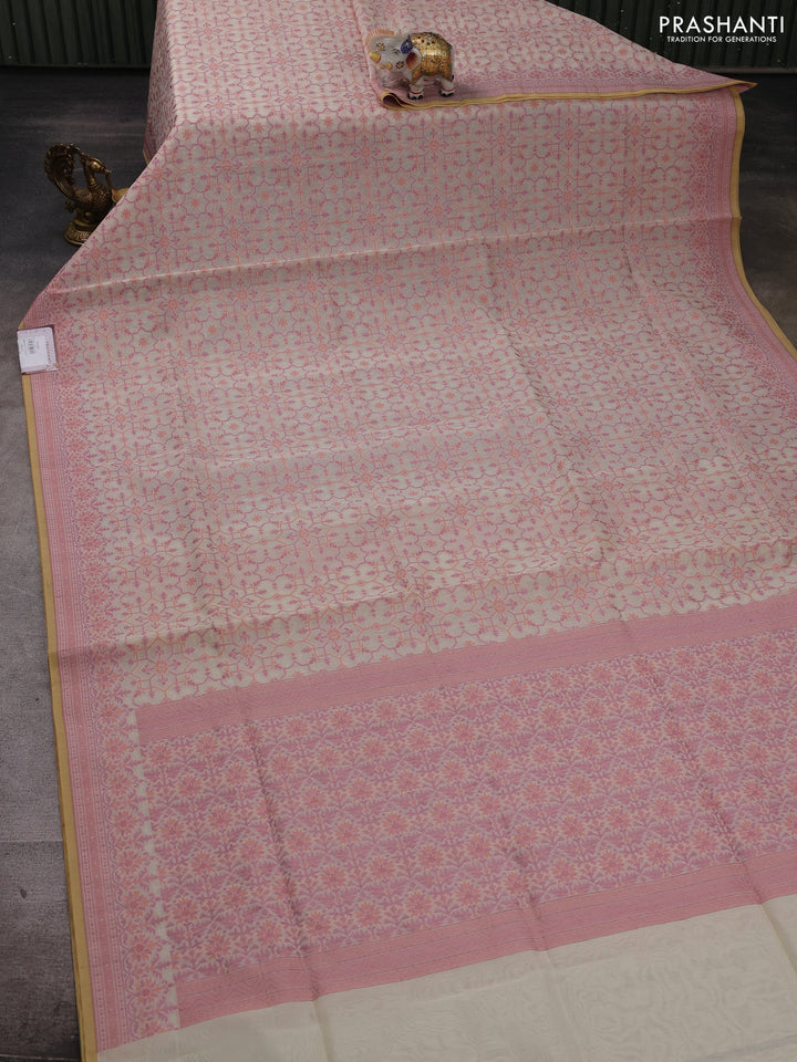 Banarasi cotton saree cream and mauve pink with allover thread weaves and woven border