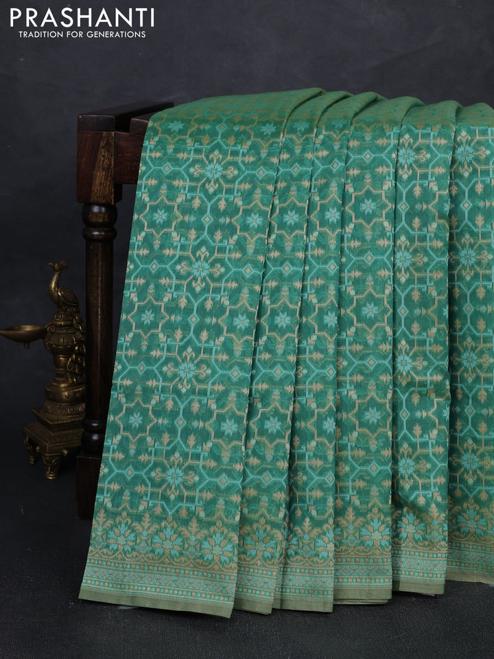 Banarasi cotton saree green with allover thread weaves and woven border