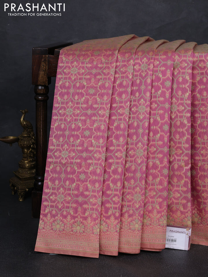 Banarasi cotton saree peach pink with allover thread weaves and woven border