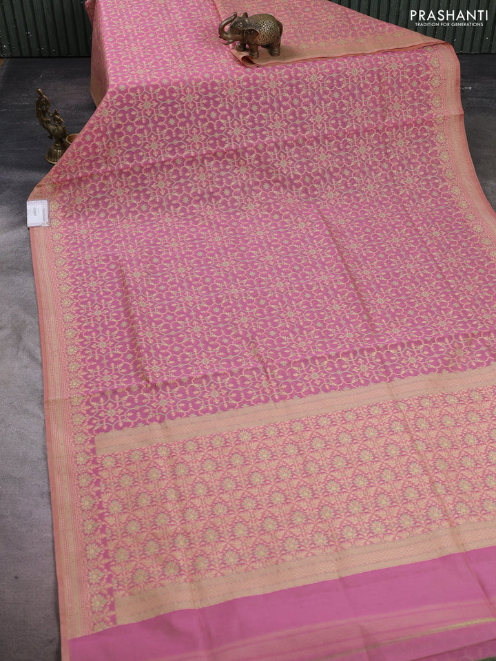 Banarasi cotton saree peach pink with allover thread weaves and woven border