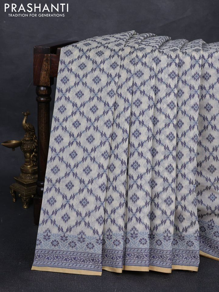 Banarasi cotton saree off white and navy blue with allover thread weaves and woven border