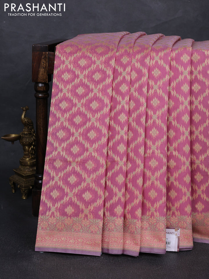 Banarasi cotton saree mauve pink with allover thread weaves and woven border