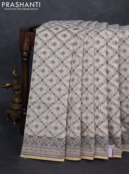 Banarasi cotton saree off white and brown with allover thread weaves and woven border