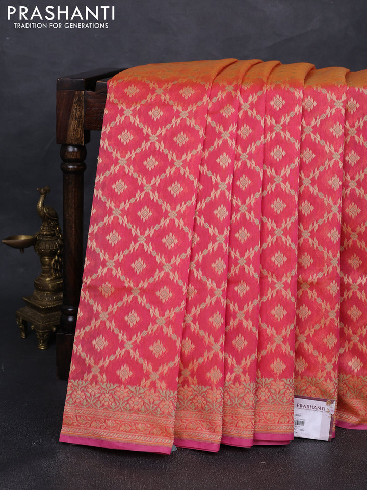 Banarasi cotton saree dual shade of pinkish orange with allover thread weaves and woven border