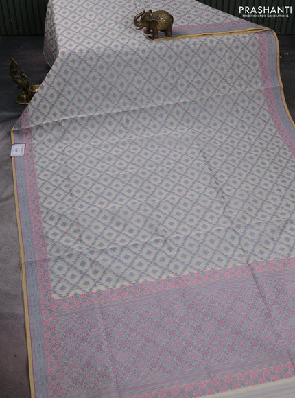 Banarasi cotton saree off white and grey with allover thread weaves and woven border
