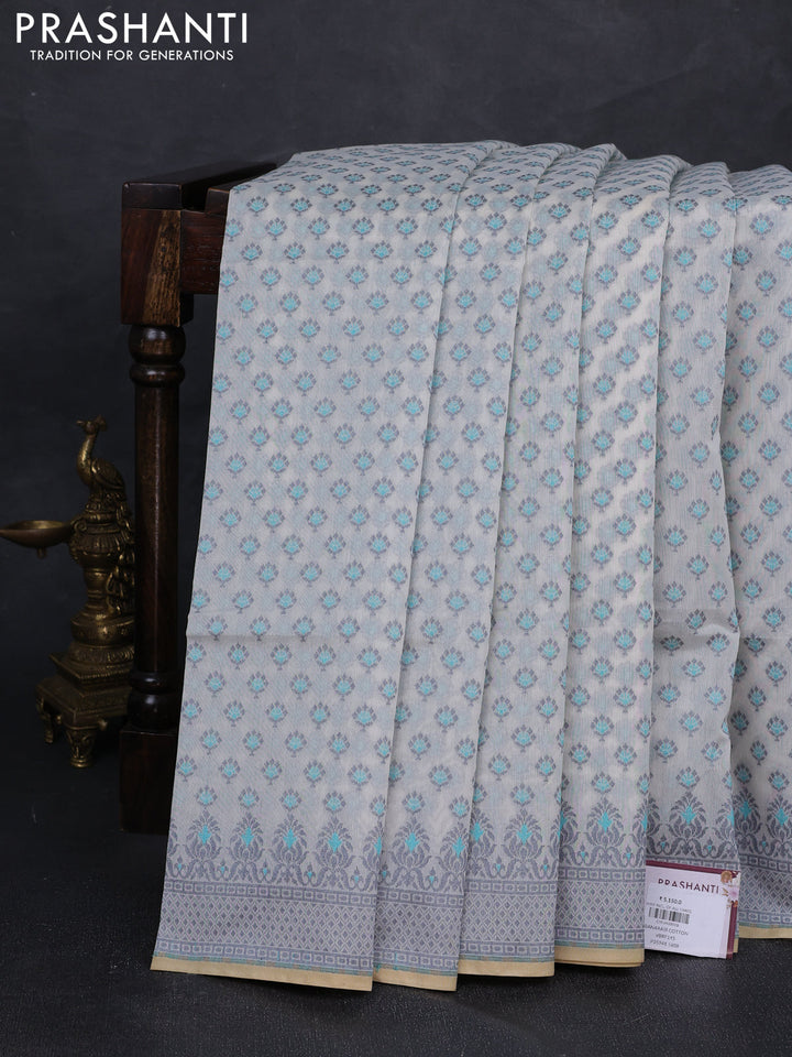 Banarasi cotton saree off white with allover thread woven butta weaves and woven border
