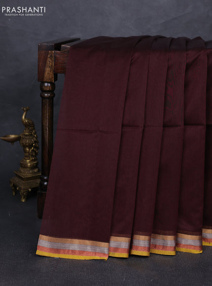 Maheshwari silk cotton saree coffee brown and mustard yellow with plain body and small zari woven border