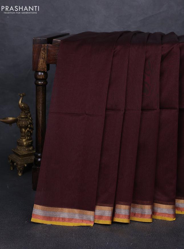 Maheshwari silk cotton saree coffee brown and mustard yellow with plain body and small zari woven border