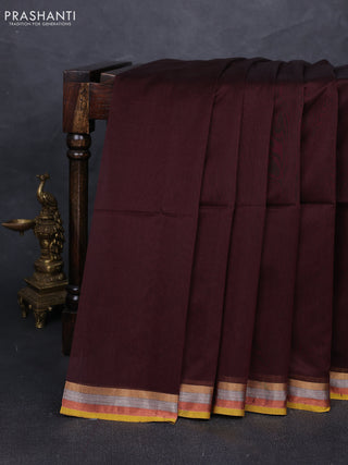 Maheshwari silk cotton saree coffee brown and mustard yellow with plain body and small zari woven border