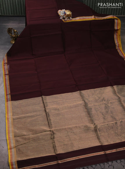 Maheshwari silk cotton saree coffee brown and mustard yellow with plain body and small zari woven border