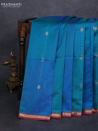 Maheshwari silk cotton saree peacock blue and maroon with allover zari weaves & buttas and small zari woven border