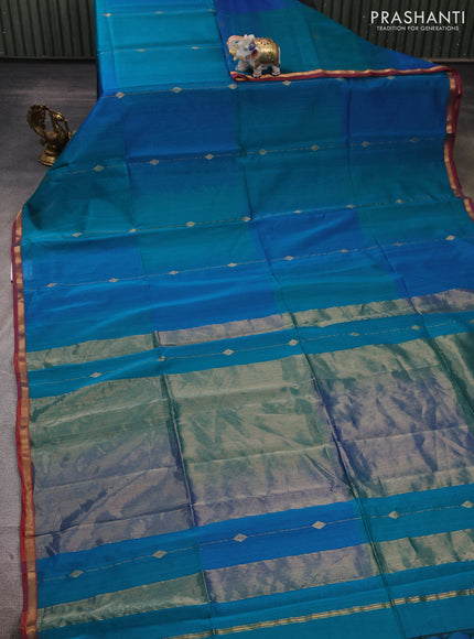 Maheshwari silk cotton saree peacock blue and maroon with allover zari weaves & buttas and small zari woven border