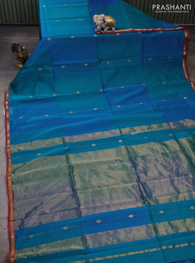 Maheshwari silk cotton saree peacock blue and maroon with allover zari weaves & buttas and small zari woven border