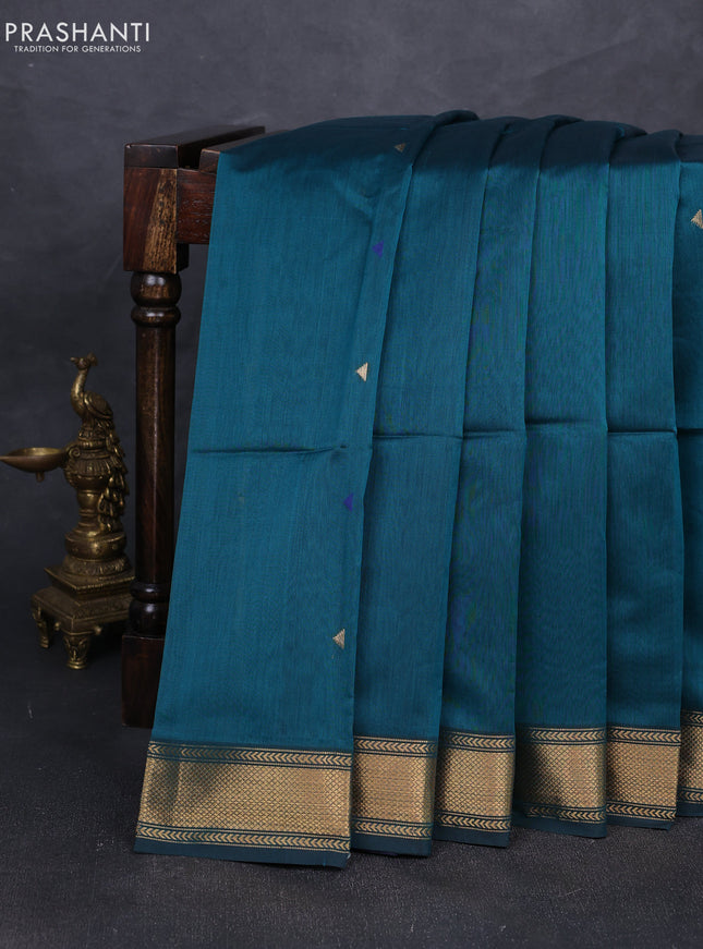 Maheshwari silk cotton saree peacock green with zari woven buttas and zari woven border