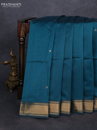 Maheshwari silk cotton saree peacock green with zari woven buttas and zari woven border