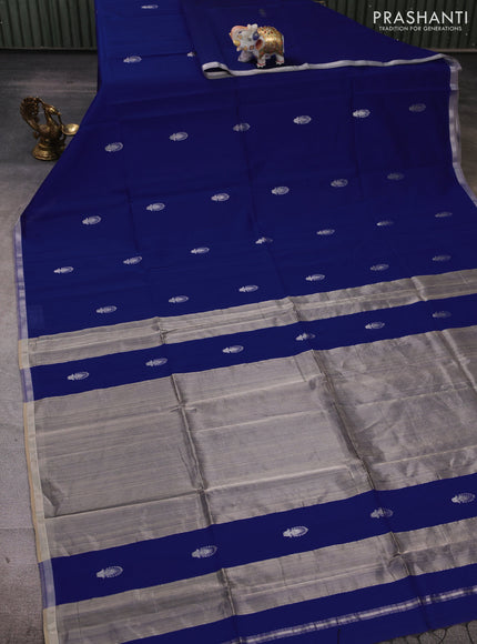 Maheshwari silk cotton saree blue and grey with zari woven buttas and small zari woven border