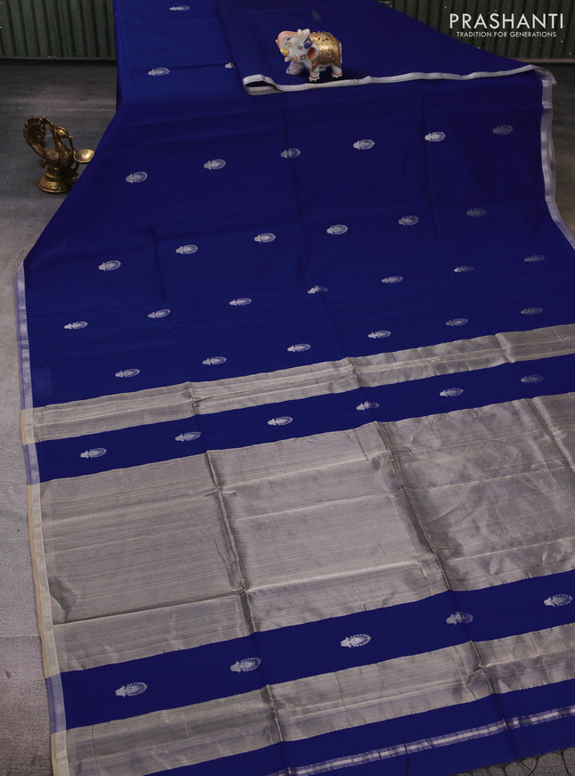 Maheshwari silk cotton saree blue and grey with zari woven buttas and small zari woven border