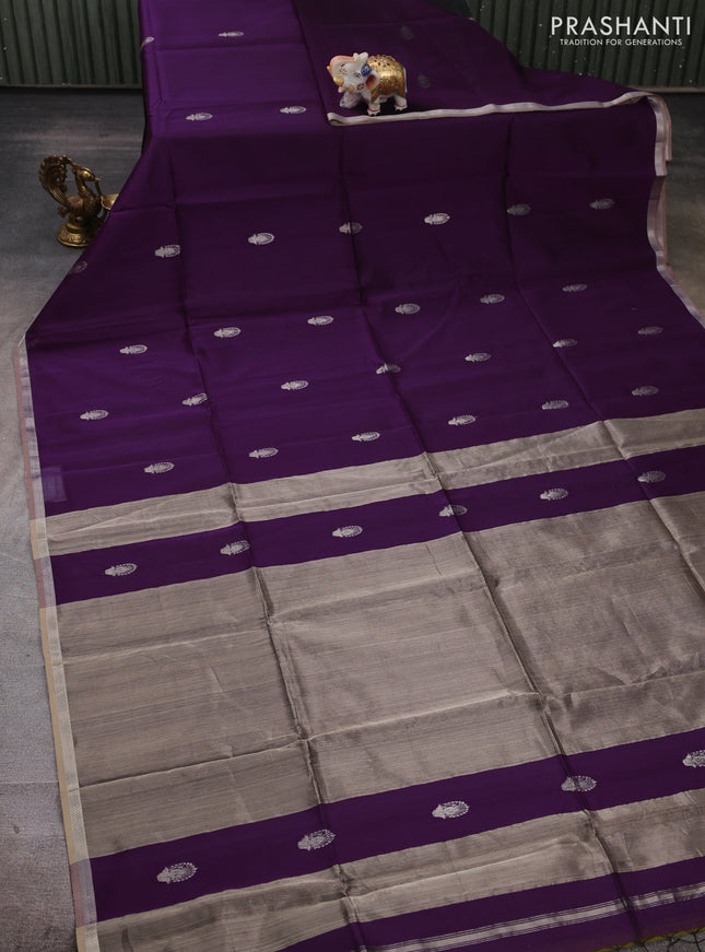 Maheshwari silk cotton saree purple and grey with zari woven buttas and small zari woven border