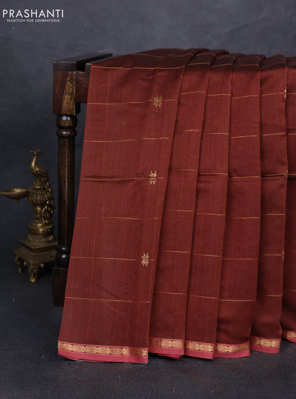 Maheshwari silk cotton saree rust shade with allover zari weaves & buttas and small zari woven border