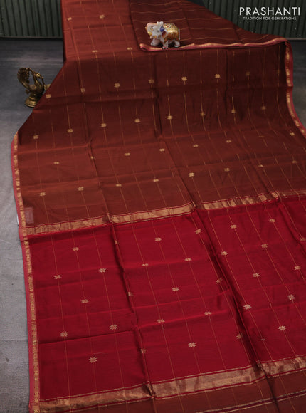 Maheshwari silk cotton saree rust shade with allover zari weaves & buttas and small zari woven border