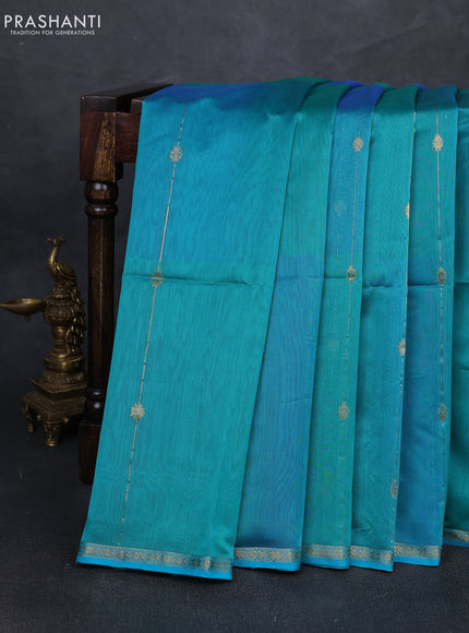 Maheshwari silk cotton saree teal green with allover zari stripe pattern and small zari woven border