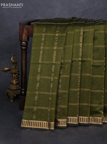 Maheshwari silk cotton saree mehendi green with allover zari checked pattern and zari woven border