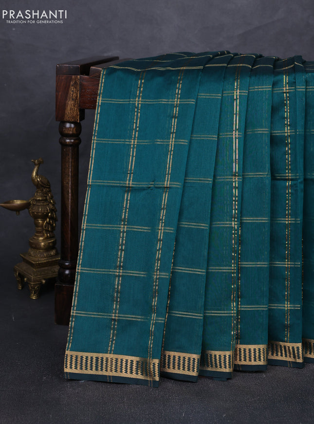 Maheshwari silk cotton saree peacock green with allover zari checked pattern and zari woven border