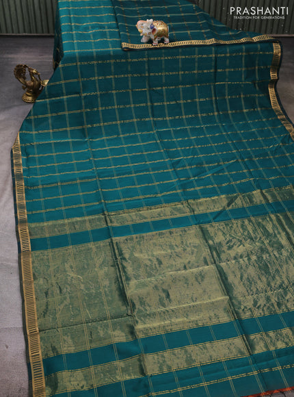 Maheshwari silk cotton saree peacock green with allover zari checked pattern and zari woven border