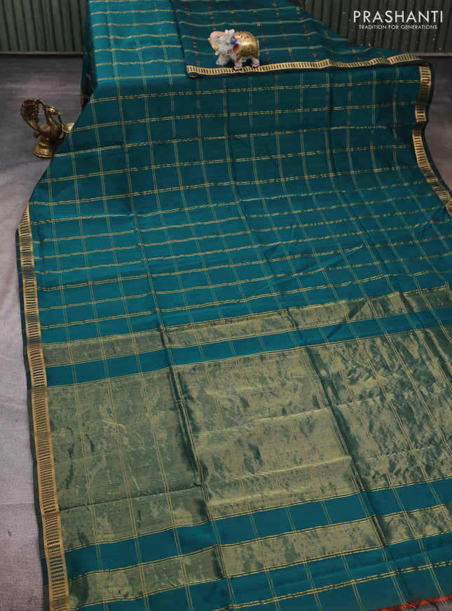 Maheshwari silk cotton saree peacock green with allover zari checked pattern and zari woven border