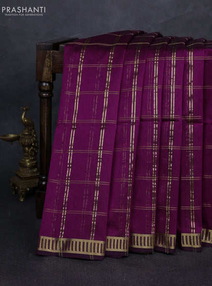 Maheshwari silk cotton saree deep purple with allover zari checked pattern and zari woven border