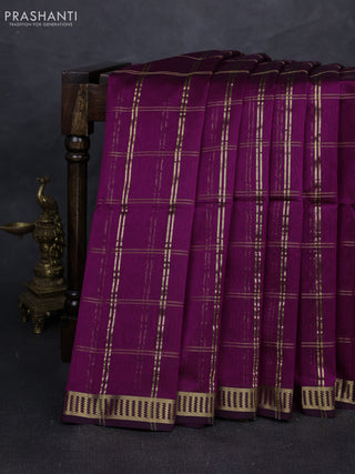 Maheshwari silk cotton saree deep purple with allover zari checked pattern and zari woven border