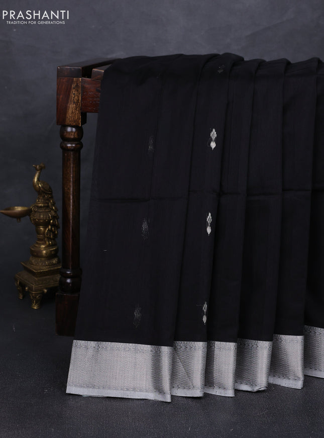 Maheshwari silk cotton saree black and grey with silver zari woven buttas and zari woven border