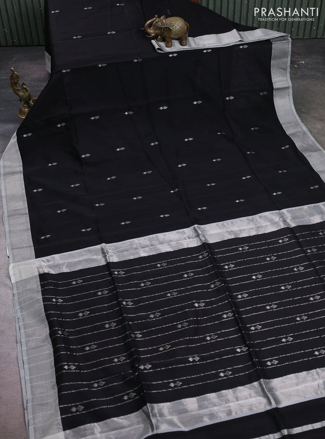 Maheshwari silk cotton saree black and grey with silver zari woven buttas and zari woven border