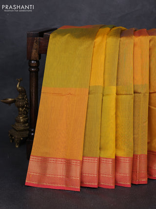 Maheshwari silk cotton saree mustard yellow and pink with plain body and zari woven border